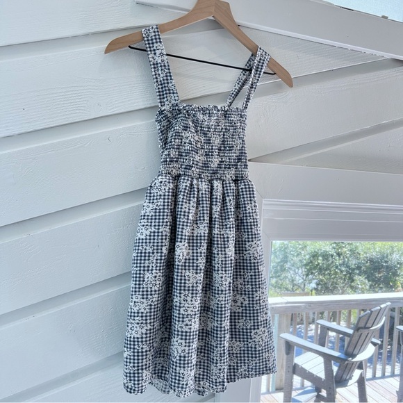 American Eagle Smocked Cross Back Mini Babydoll Dress Blue Floral Gingham XS - Picture 2 of 5
